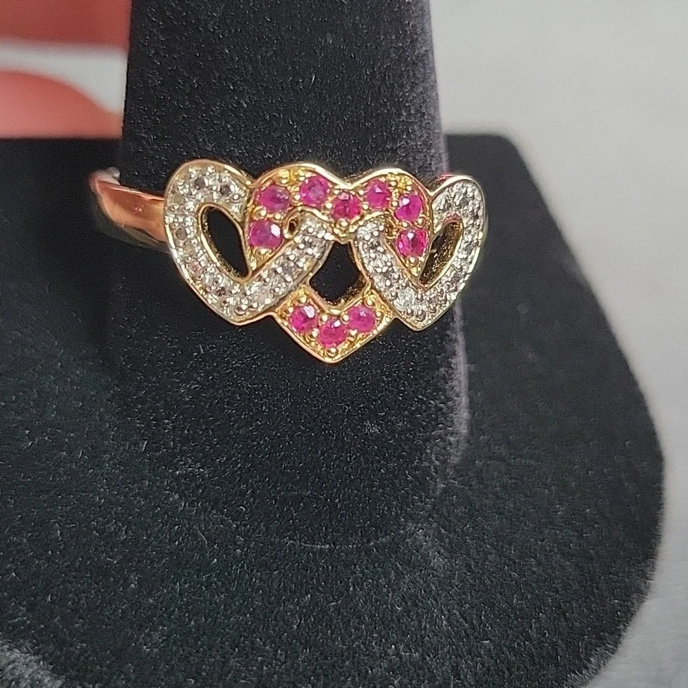 Vintage Gold Plated Sterling Silver 925 Ruby & Diamond 3 Heart Intertwined SZ:12